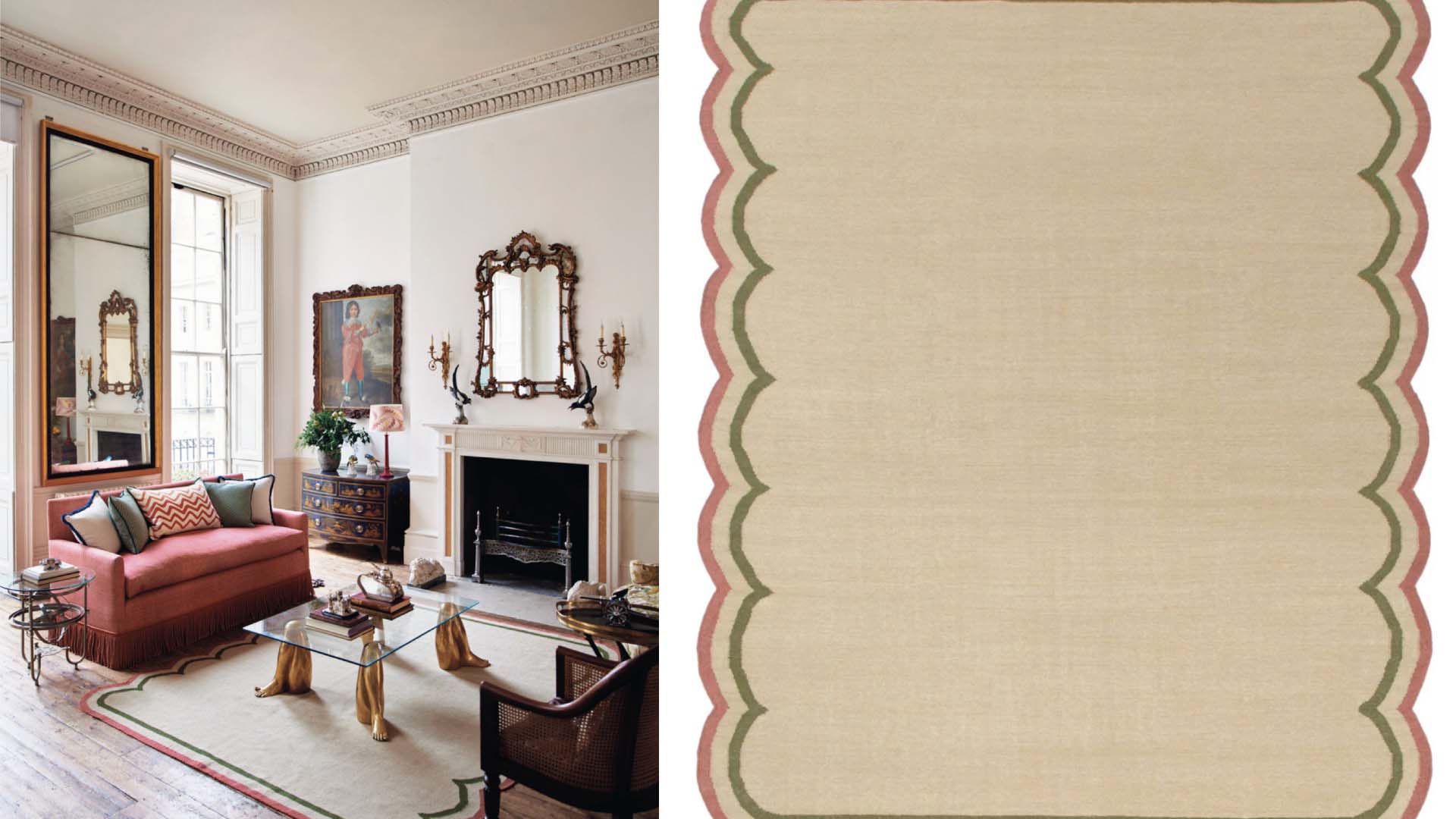 A side-by-side of a sand coloured rug next to an image of it in place in a living room