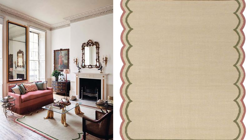 A side-by-side of a sand coloured rug next to an image of it in place in a living room