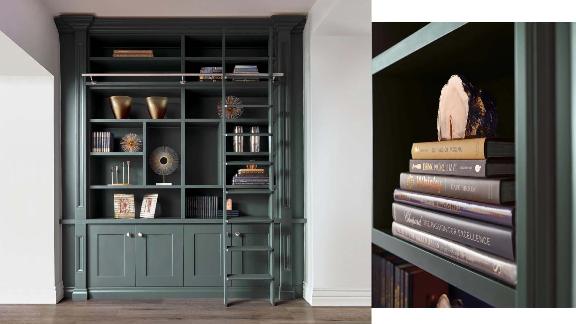 gorgeous green bespoke built bookshelf with a ladder