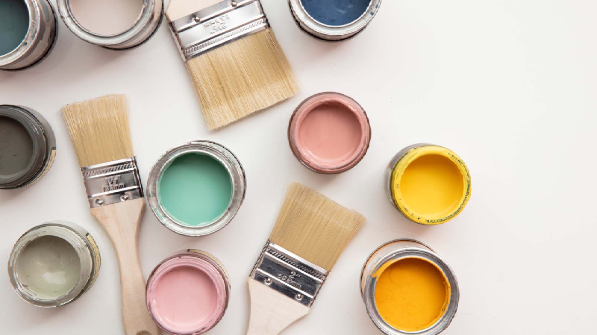 10 pots of colourful paint with three paintbrushes