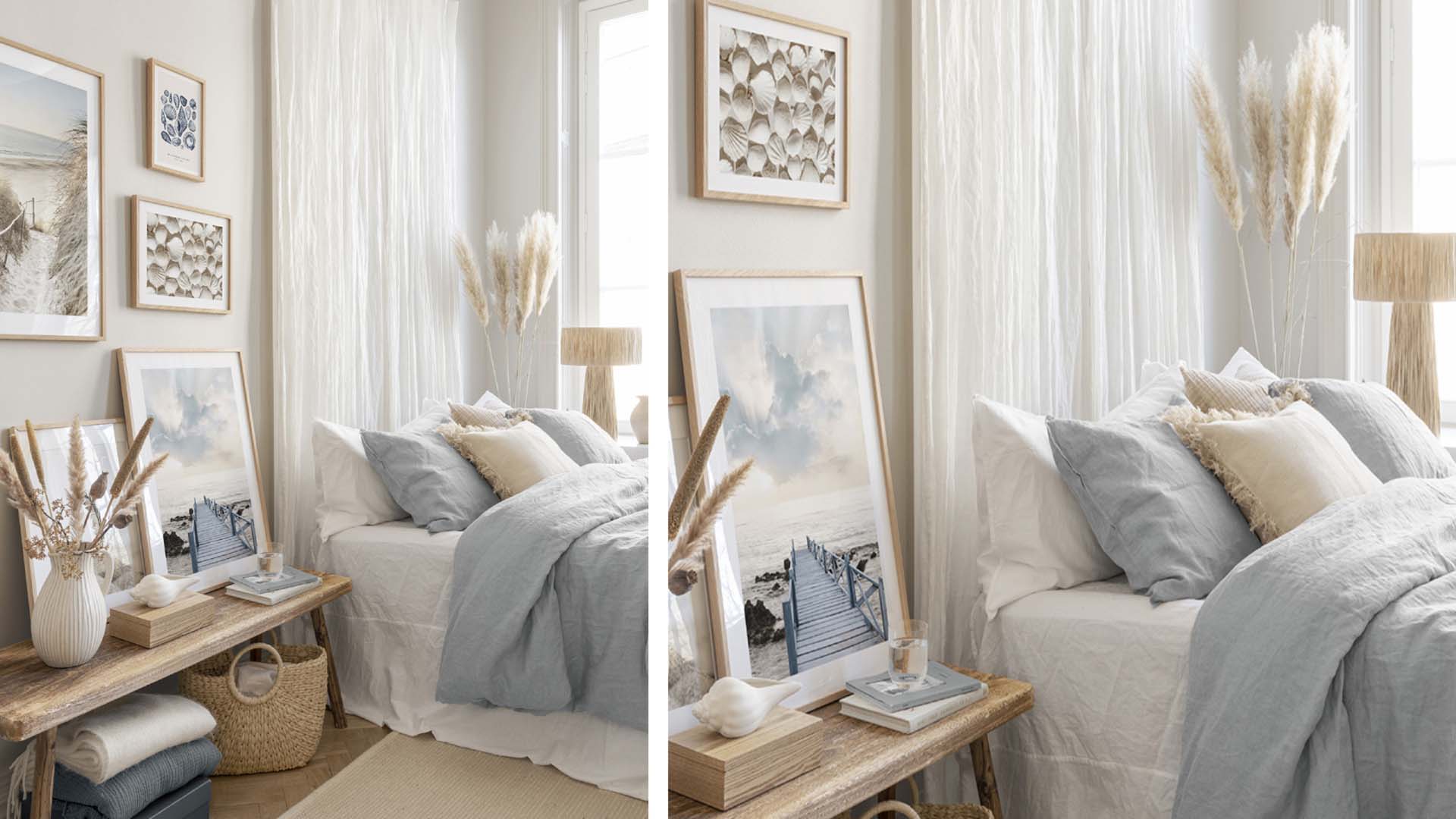 A bed with floaty white fabric hanging in place of a headboard, with soft furnishings and a wall of framed posters next to the bed.
