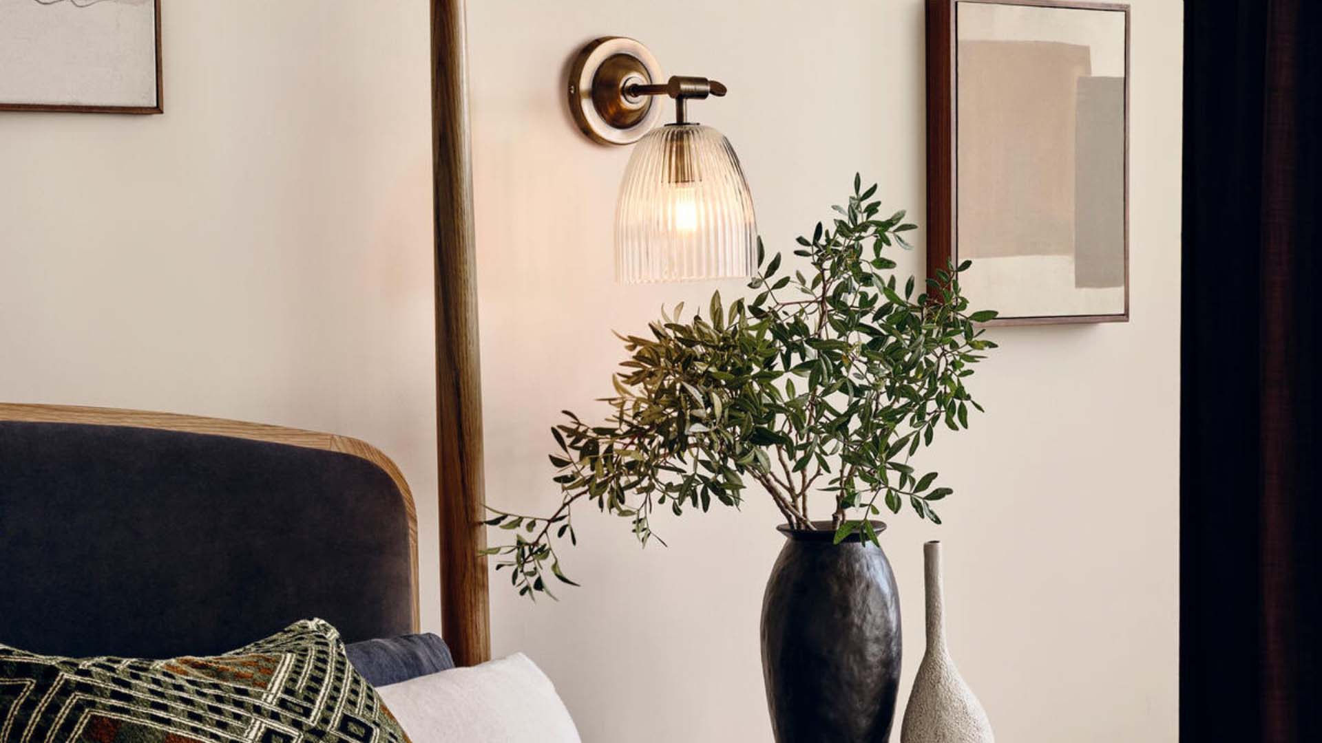 Green plant next to the bed with a wall light