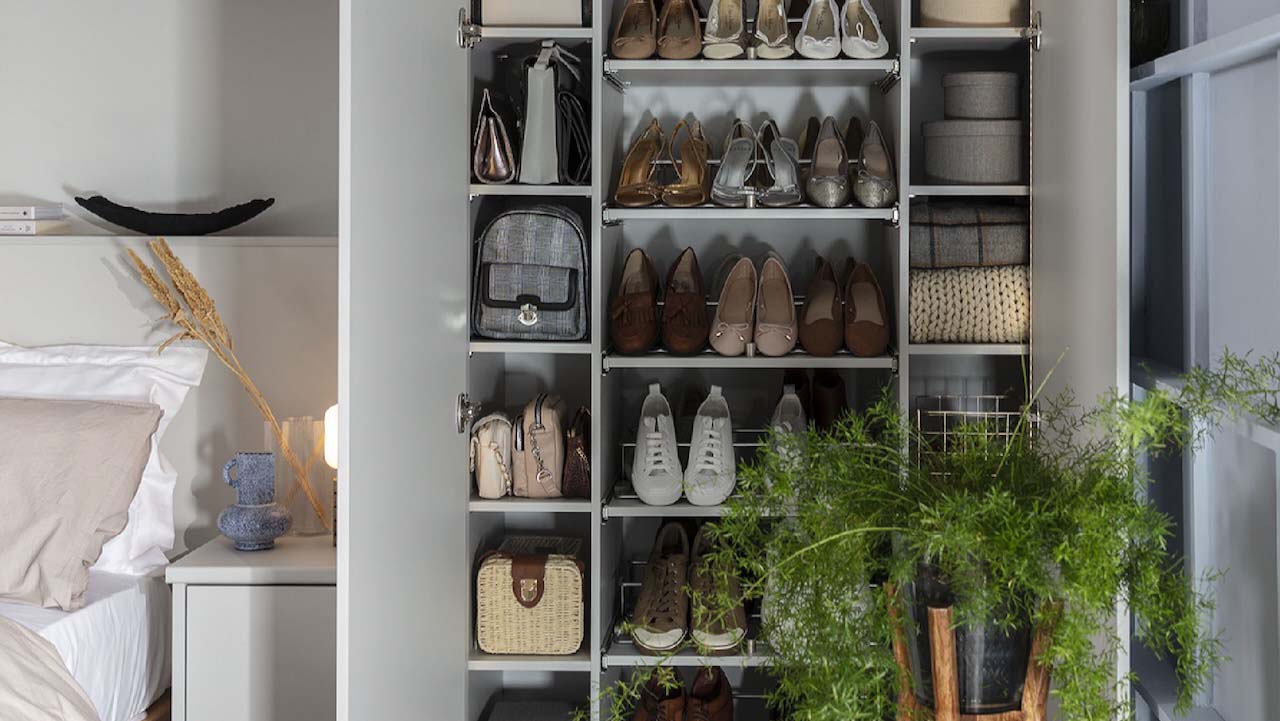 a well organised wardrobe with a great shoe rack