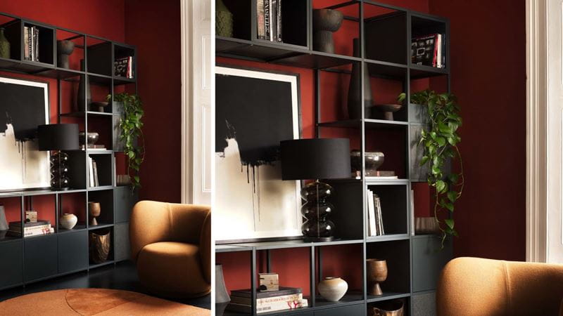 Black shelves on dark orange-red walls