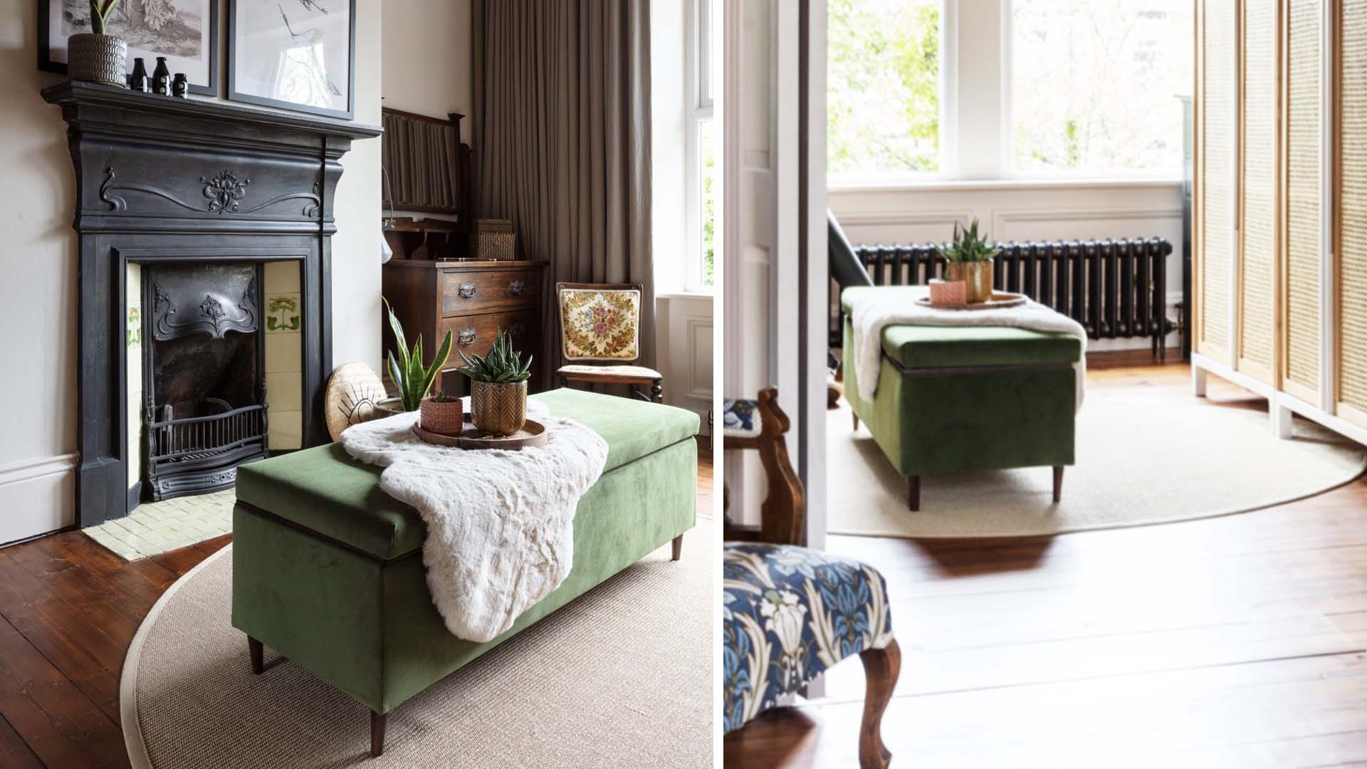 A circular rug beneath a green fabric box