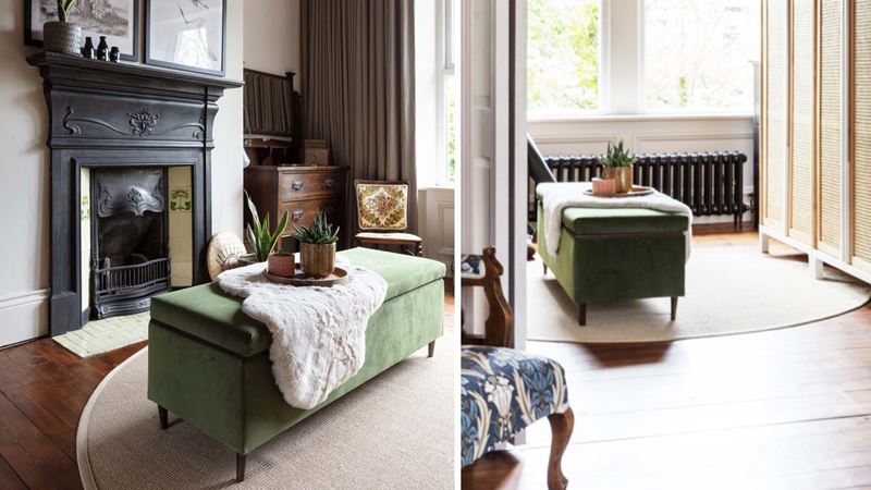 A circular rug beneath a green fabric box