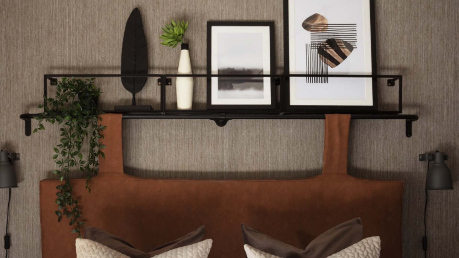 shelves above the bed for space