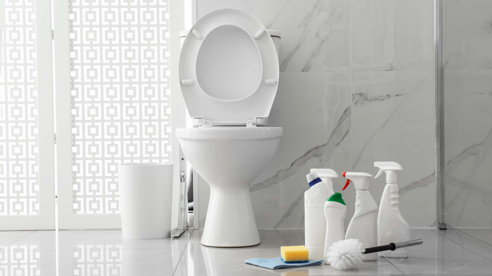 White toilet with various cleaning products