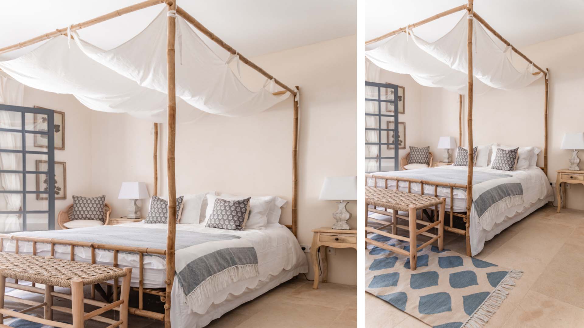 A four-poster bed made of light wood with a white canopy and white and grey bedding.