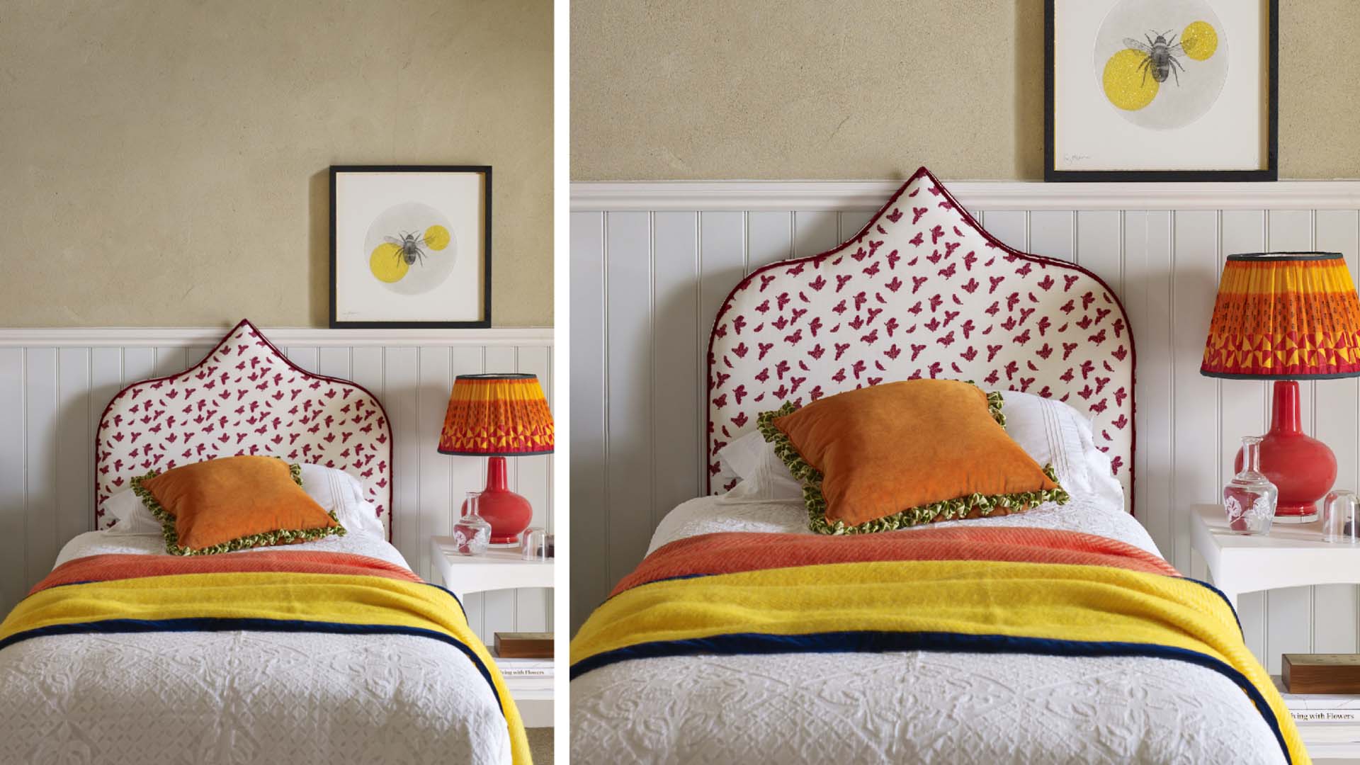 artwork on a panelled ledge above the bed