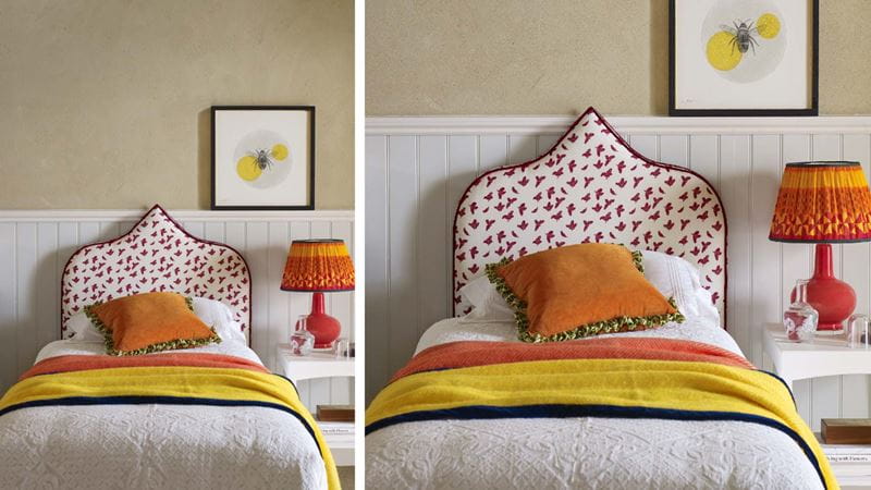 artwork on a panelled ledge above the bed
