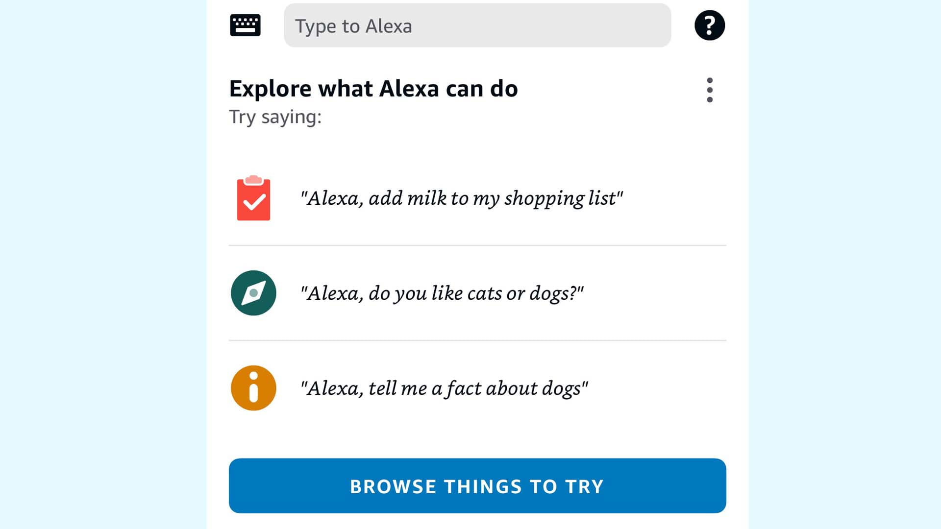 A screenshot showing options available to explore in Alexa
