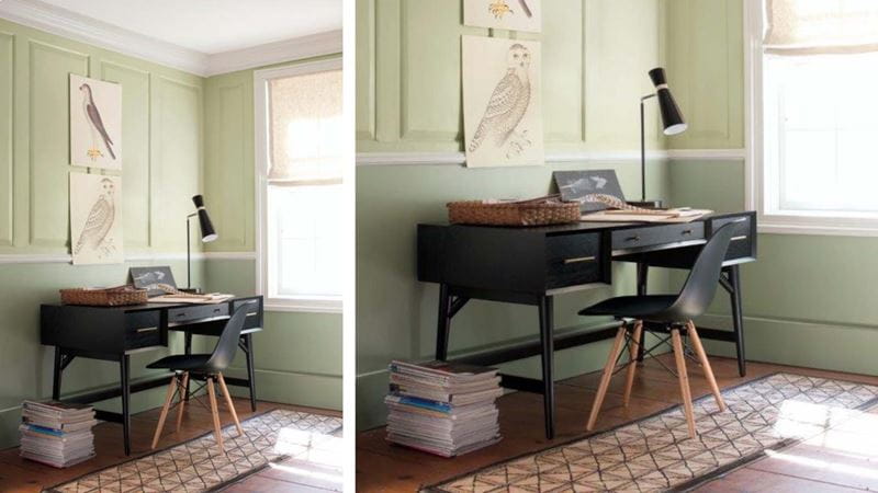 black desk by a window with a runner behind