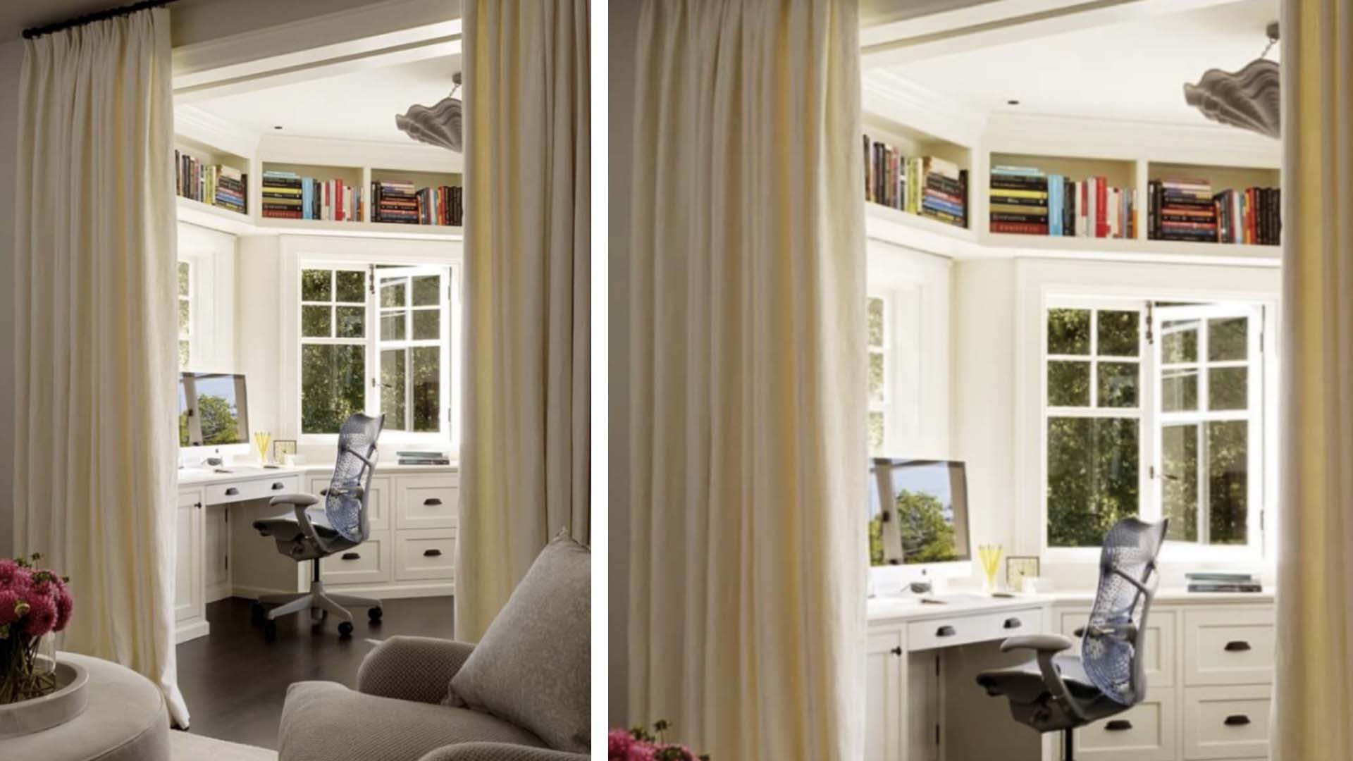 using a curtain to section off an office in the living room