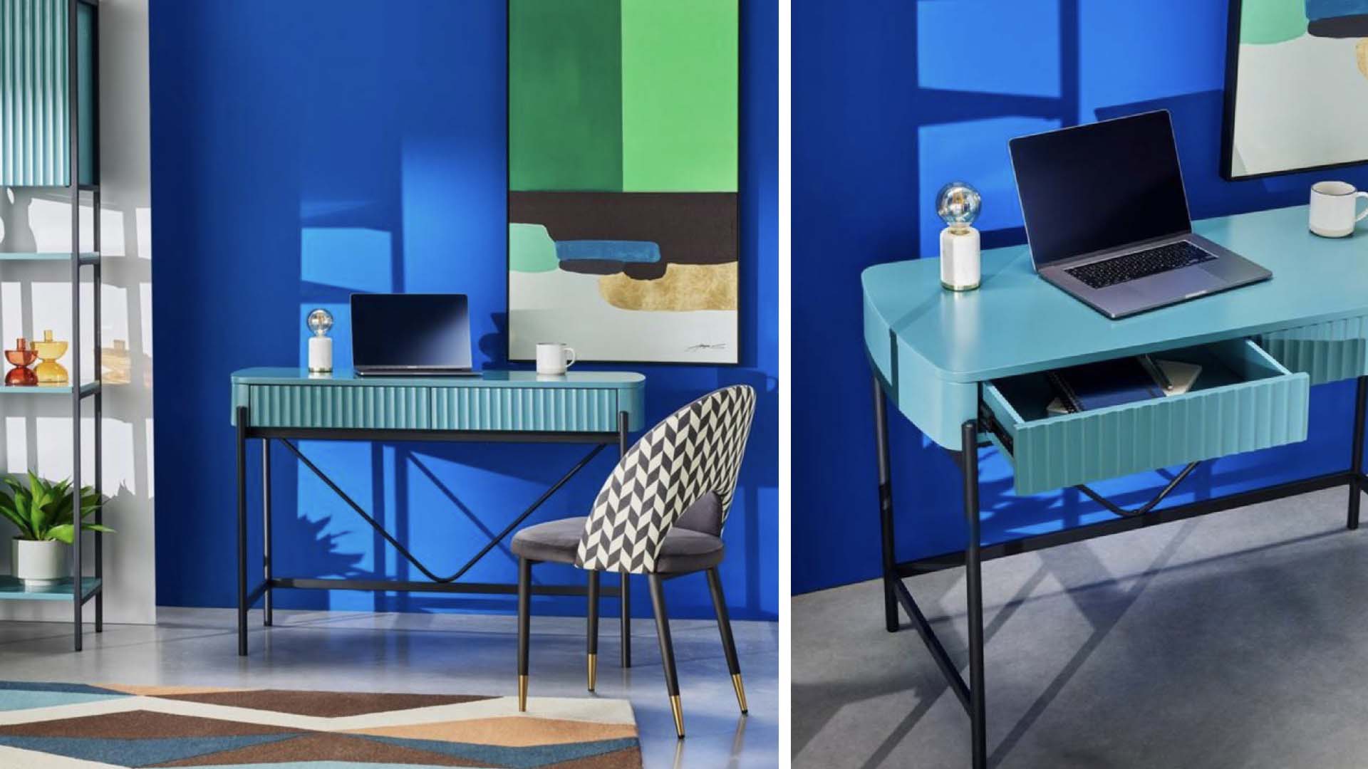 very blue walls with a blue desk and colourful chair in a bright office