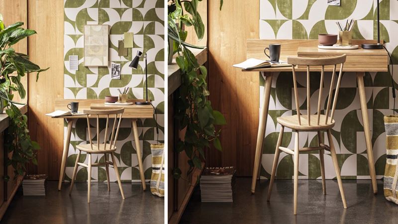 small desk with cool geometric wallpaper behind