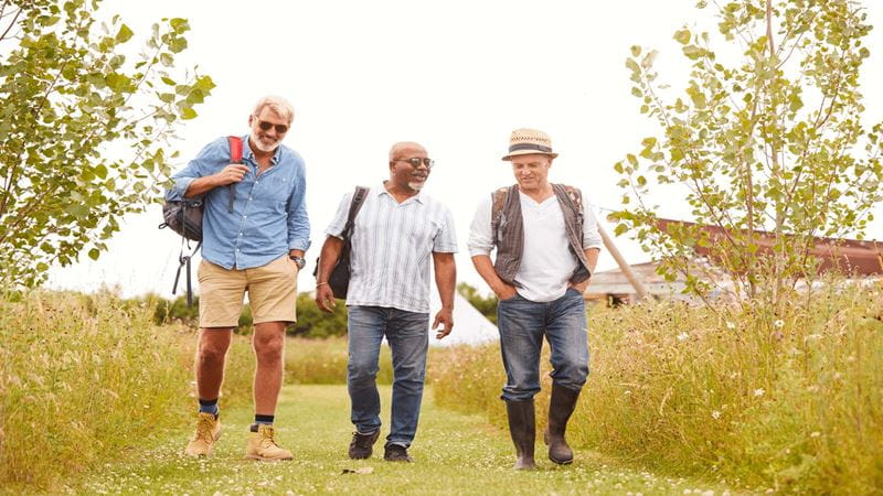 Three men walking down a grassy path together