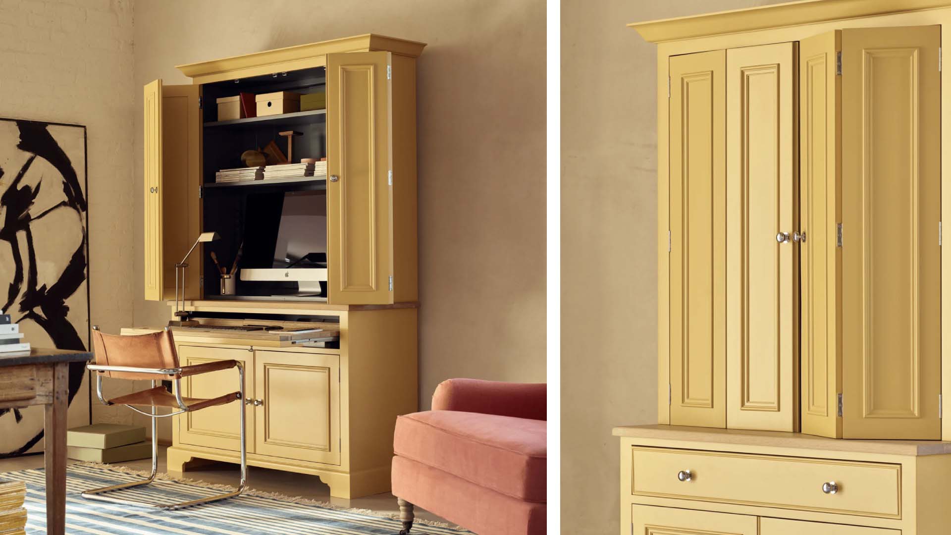 Yellow cabinet with everything you need for an office contained inside