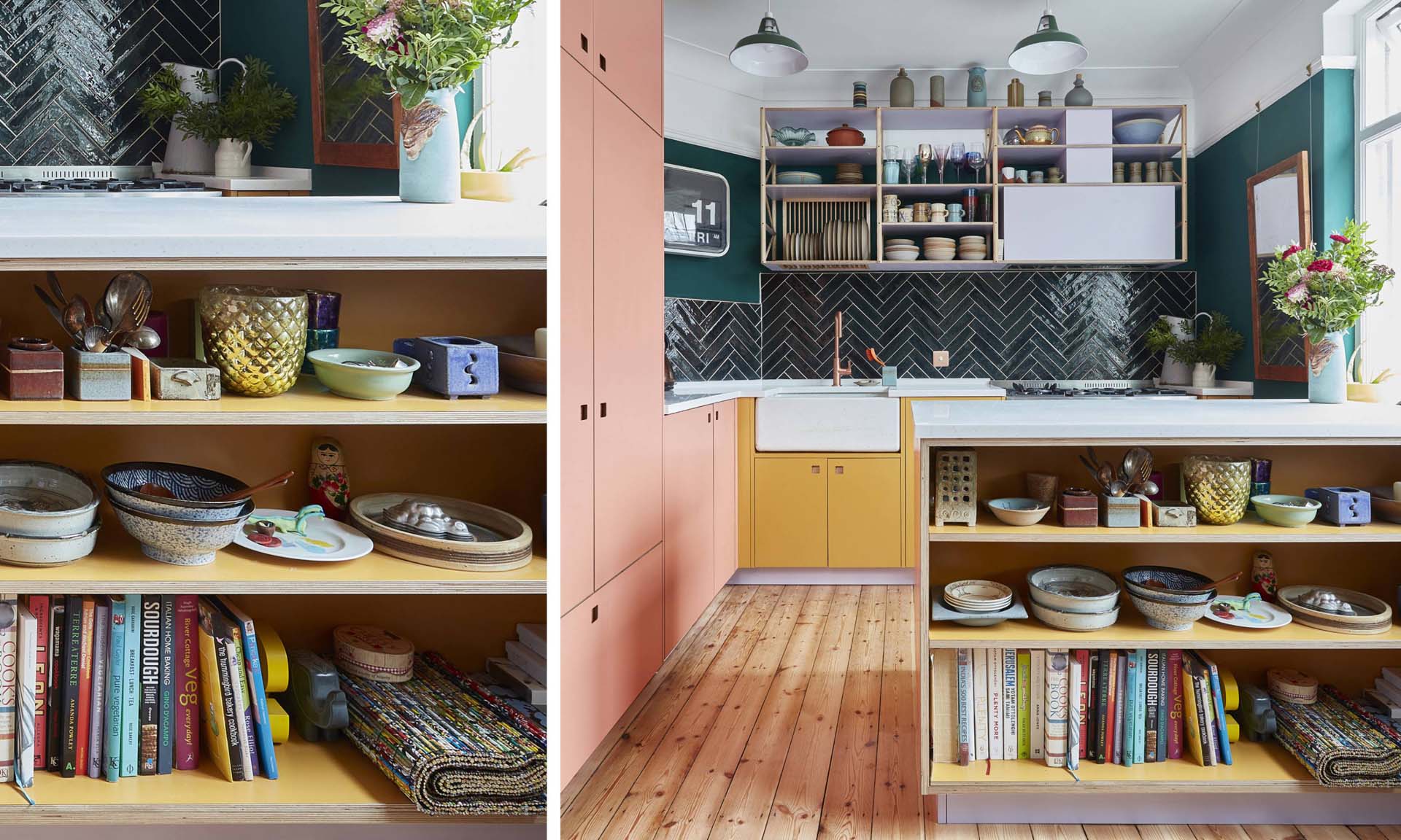 peninsula bookcase in a colourful kitchen