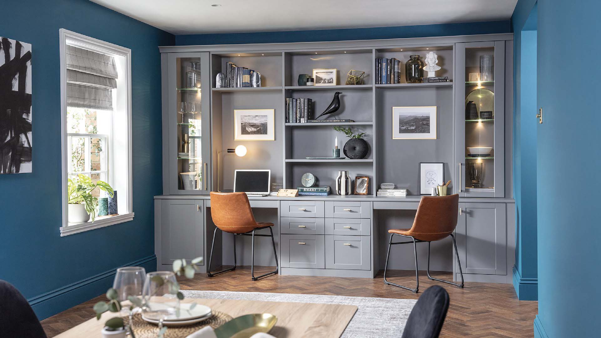 A blue coloured office space