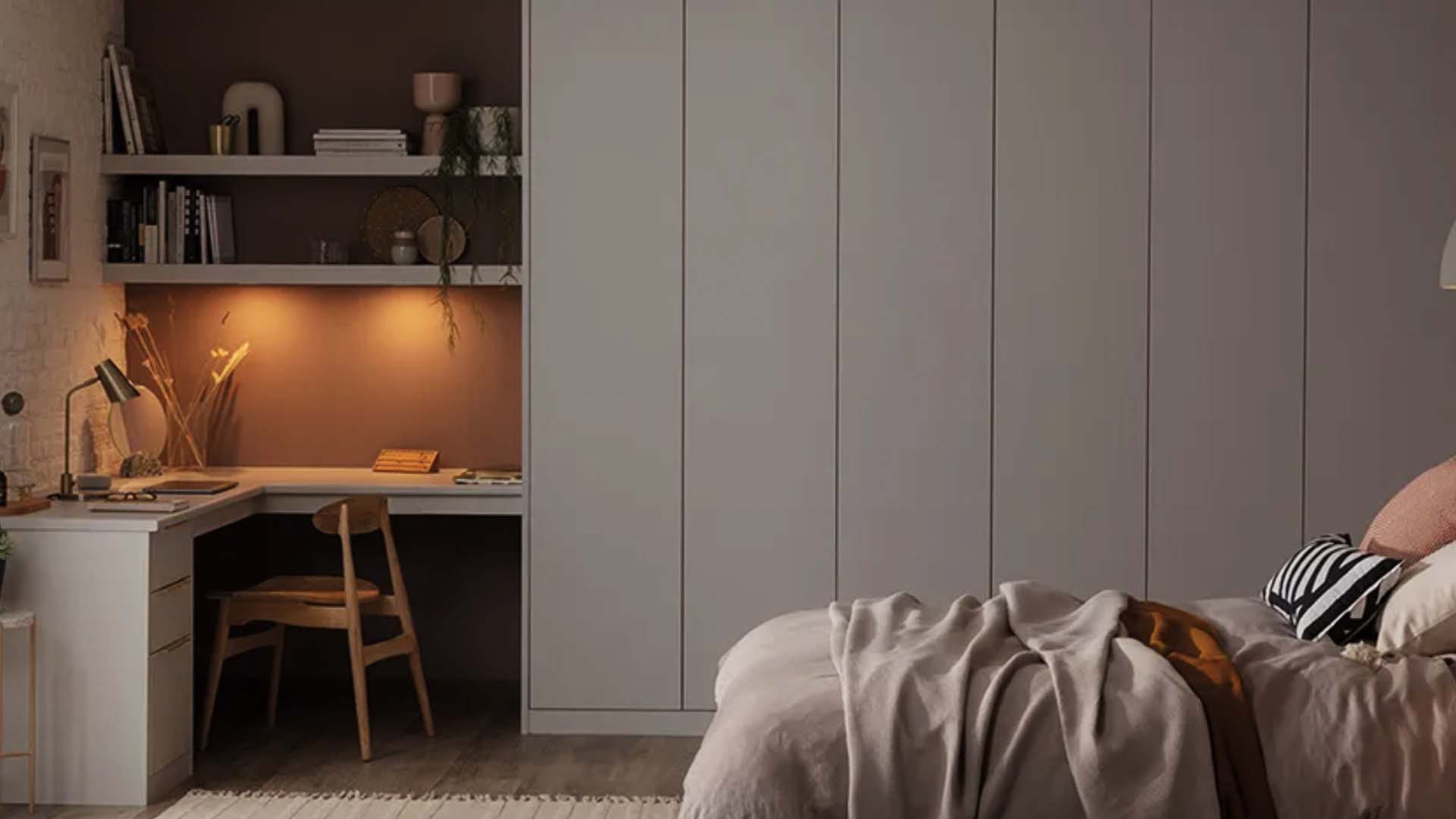 corner office in the bedroom with atmospheric lighting