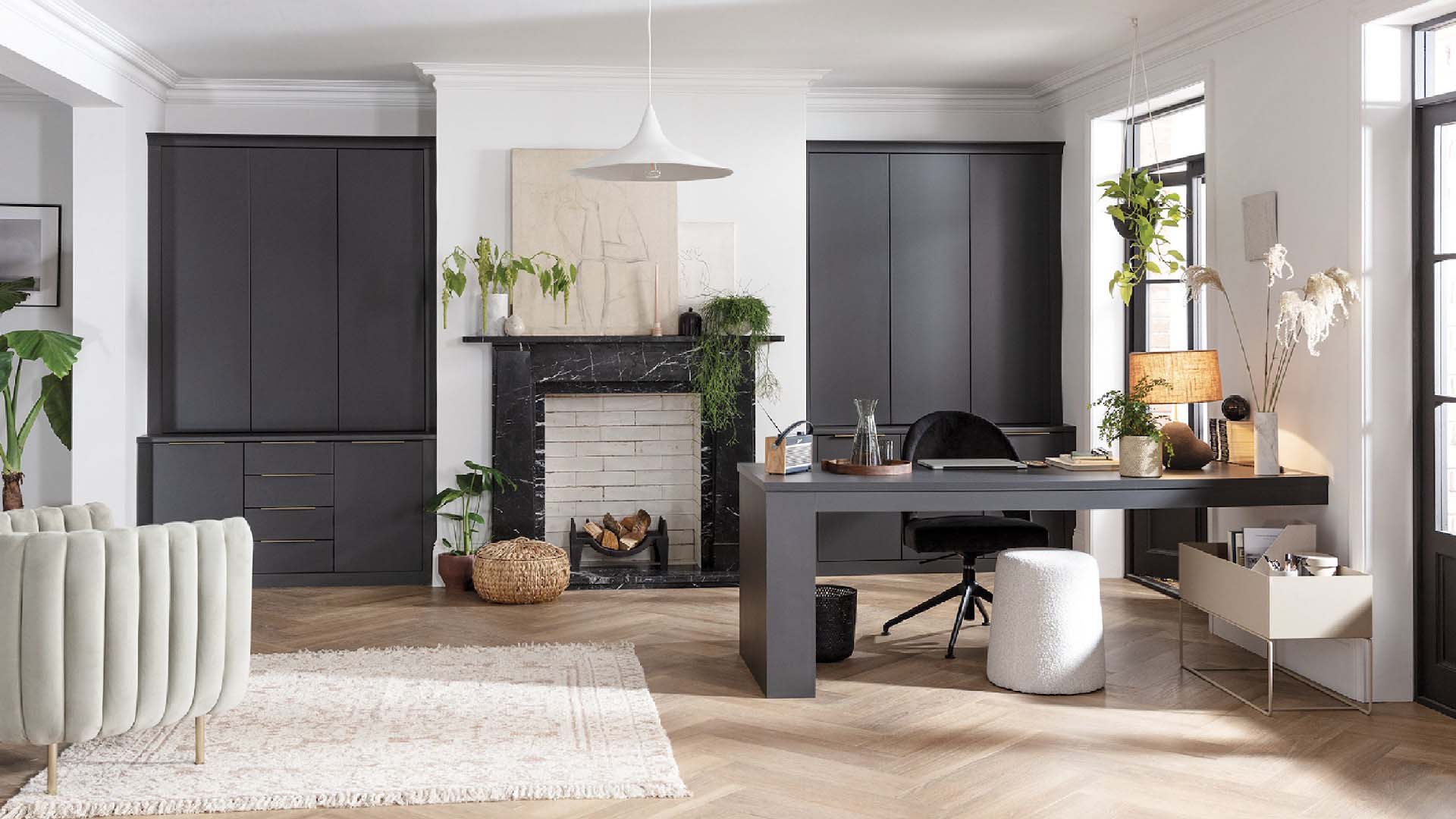 A  black and white coloured office space