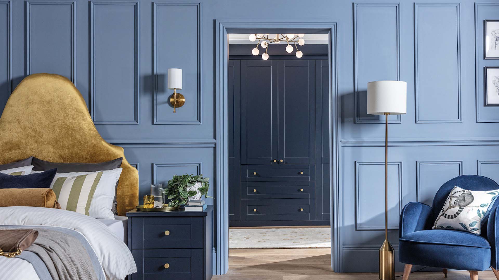 blue wall paneling in the bedroom
