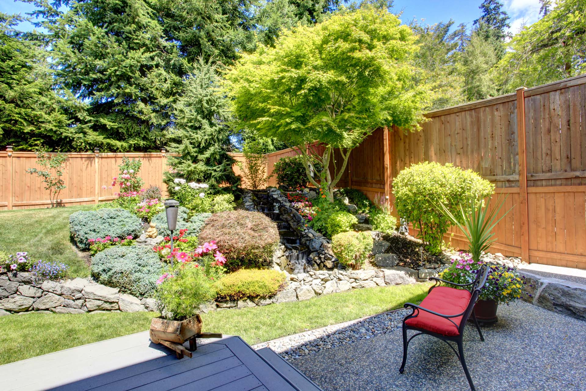 A sunny garden that has been watered