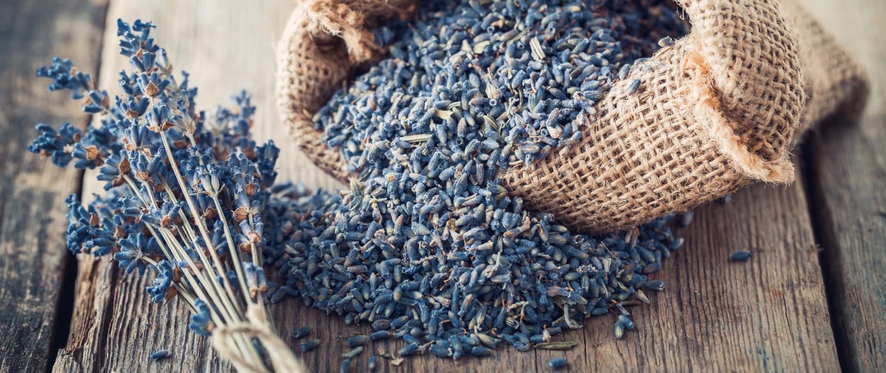 A jute bag filled with dried lavender buds on a wooden table | Shutterstock/LN Team