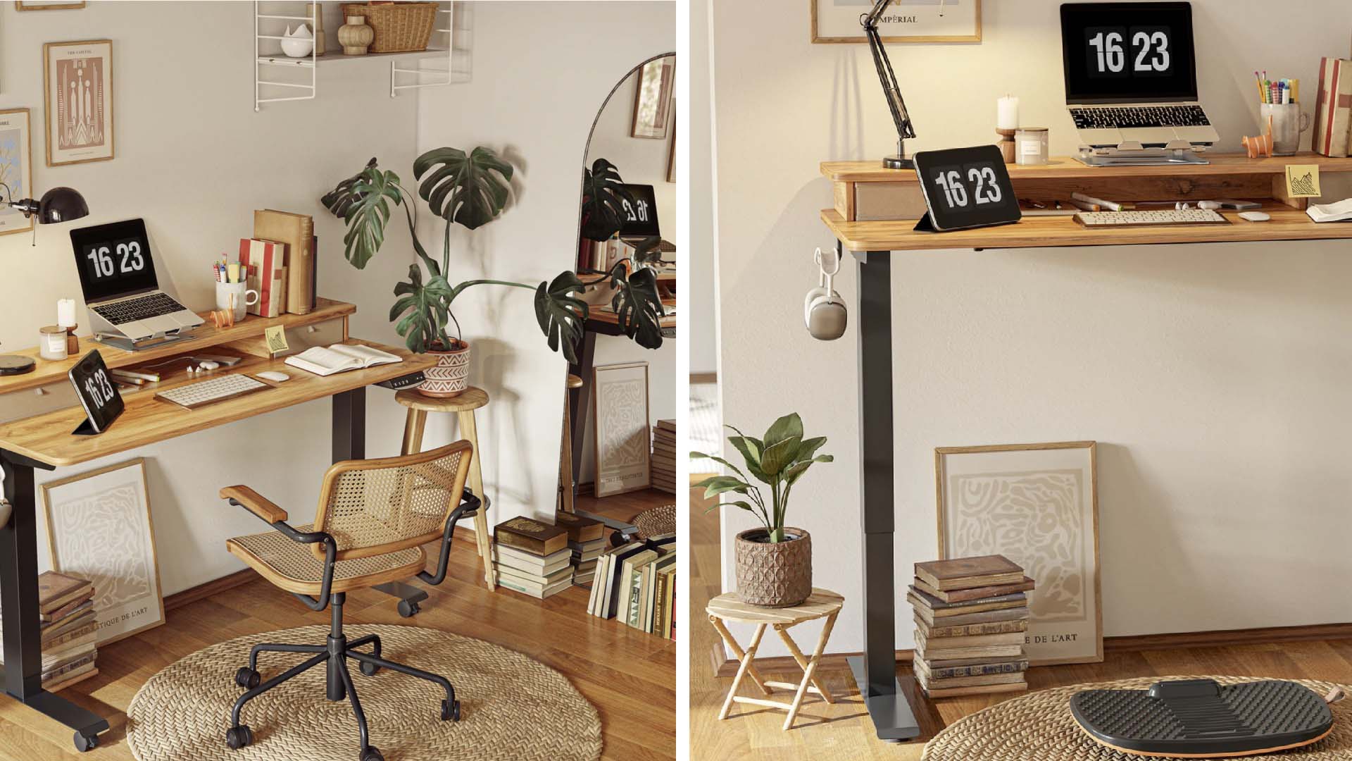 standing desk next to a mirror