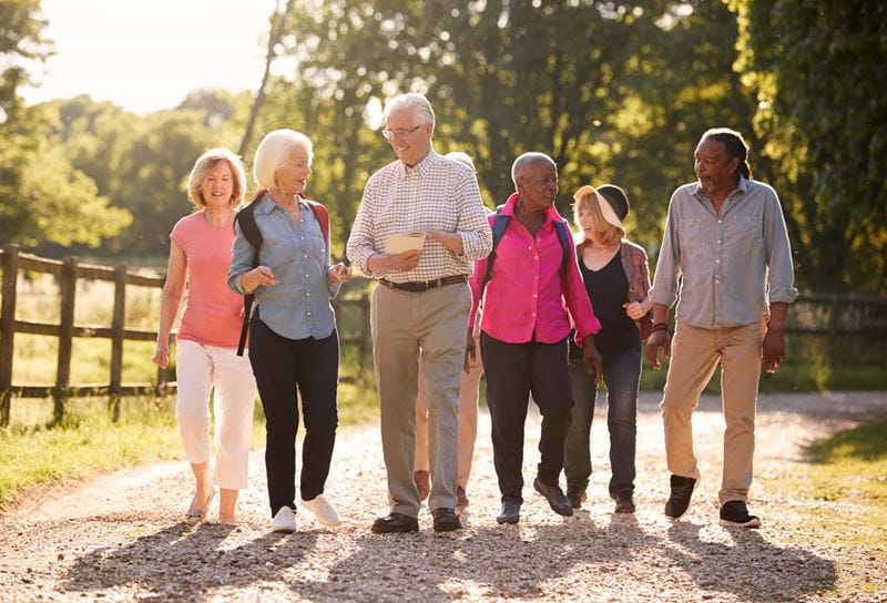 A walking group heading towards the camera while chatting on a sunny day