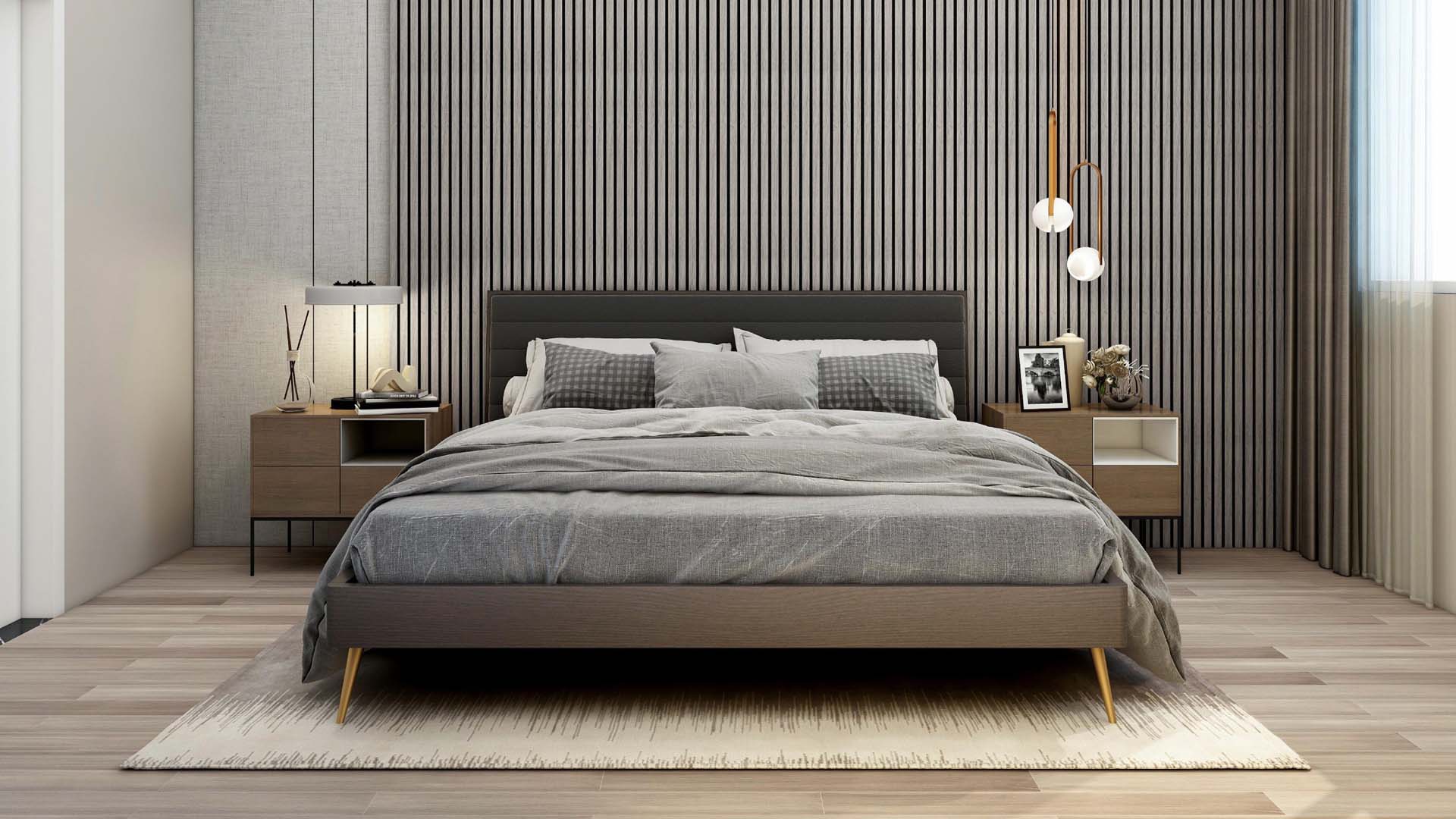 one wall in grey floor to ceiling panelling with a bed in front