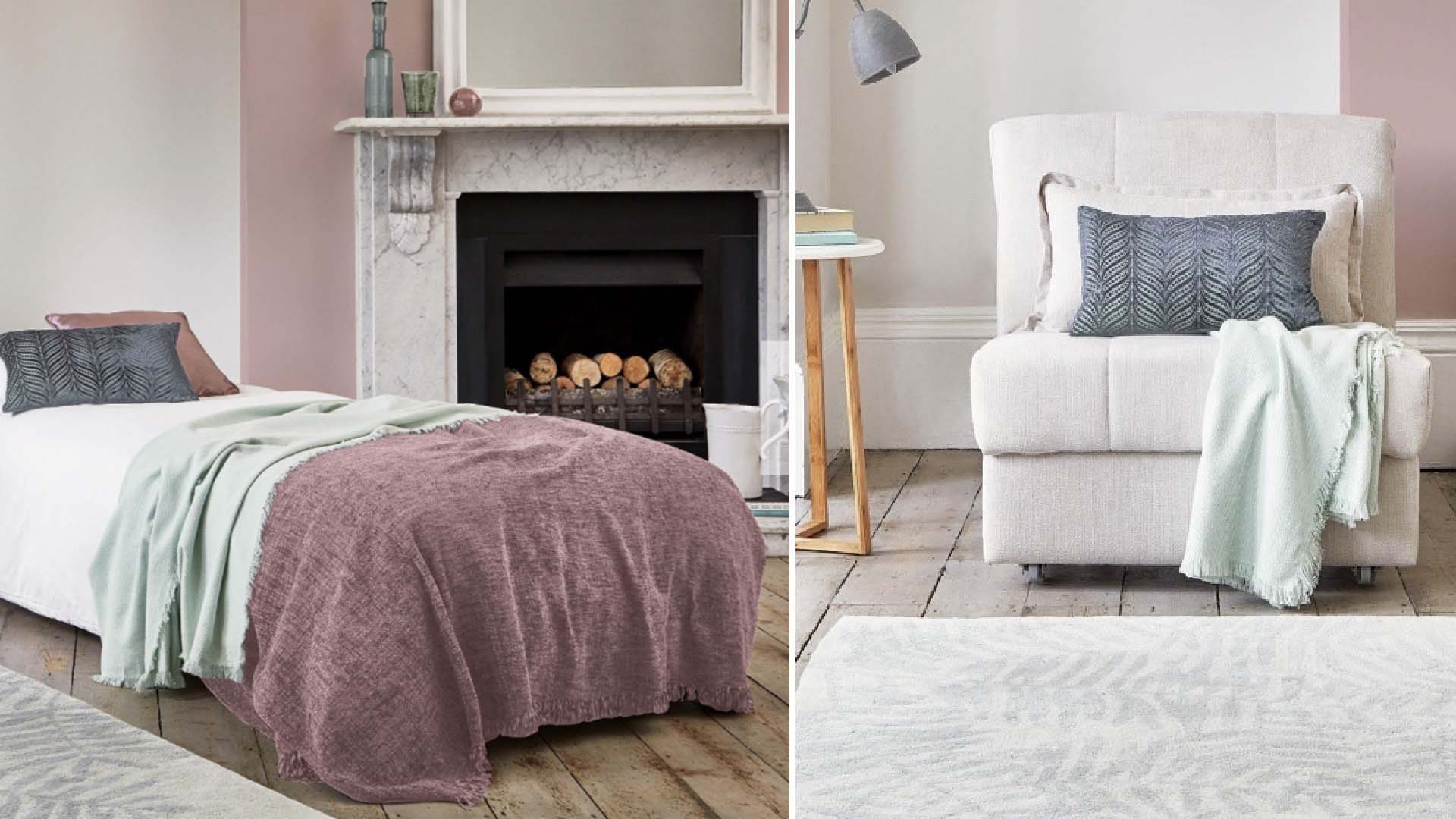 Pink bedroom with bed next to the fireplace
