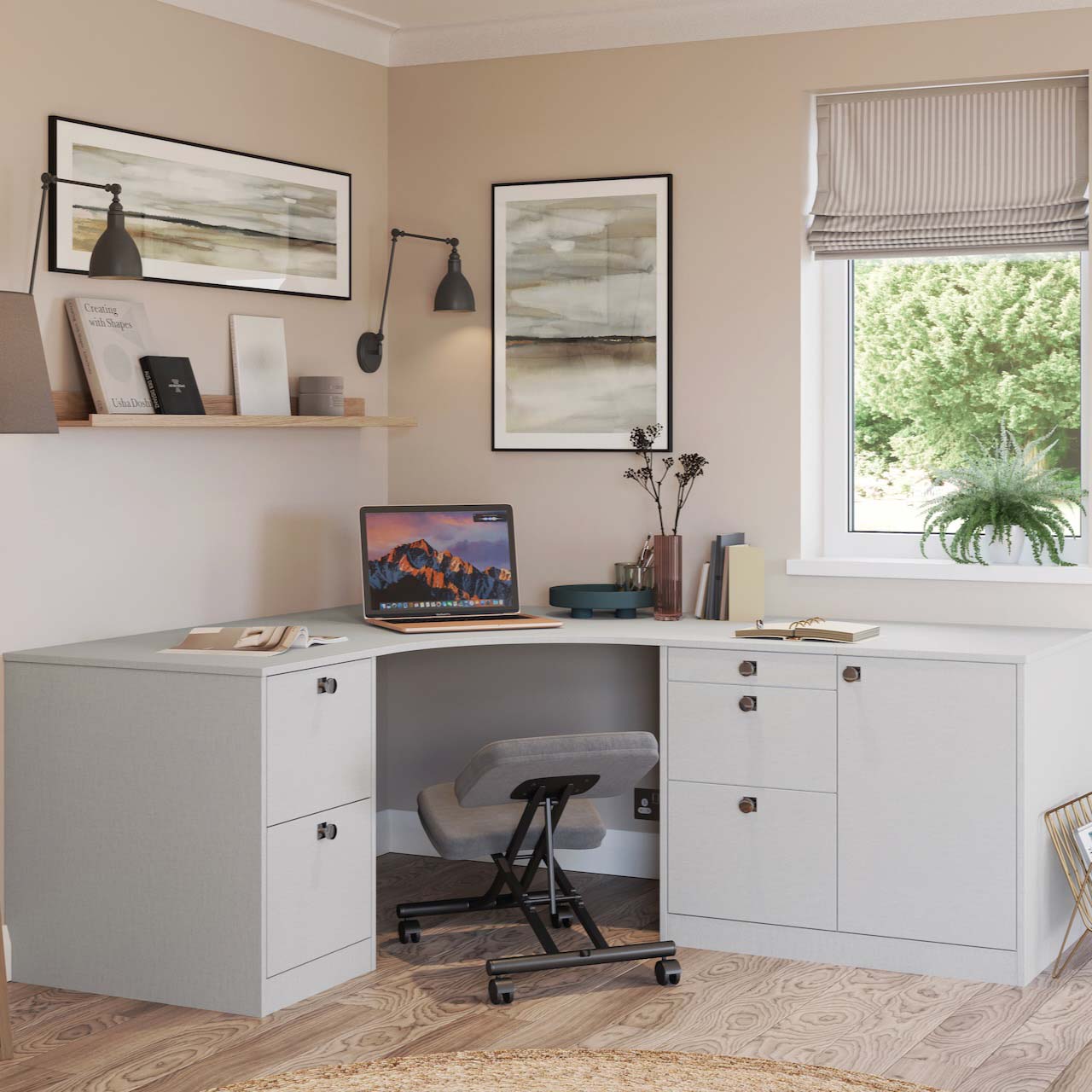 corner desk in an office under a window