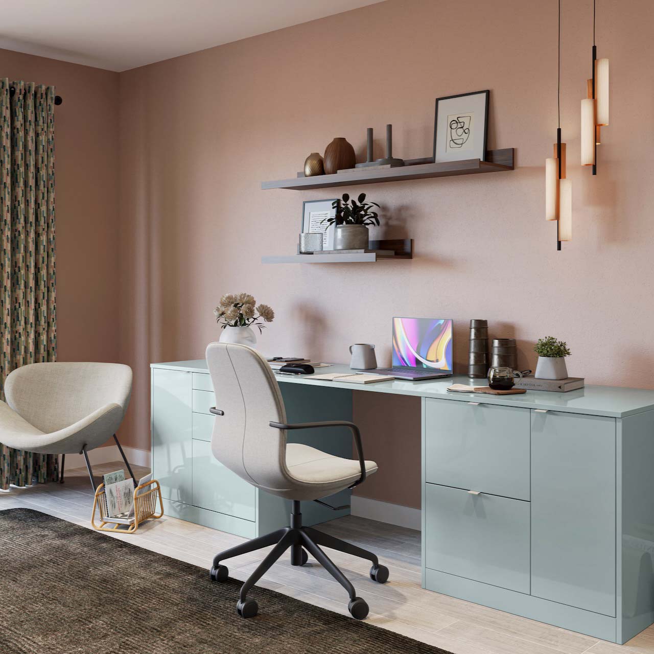 green desk with shelves above and a desk chair