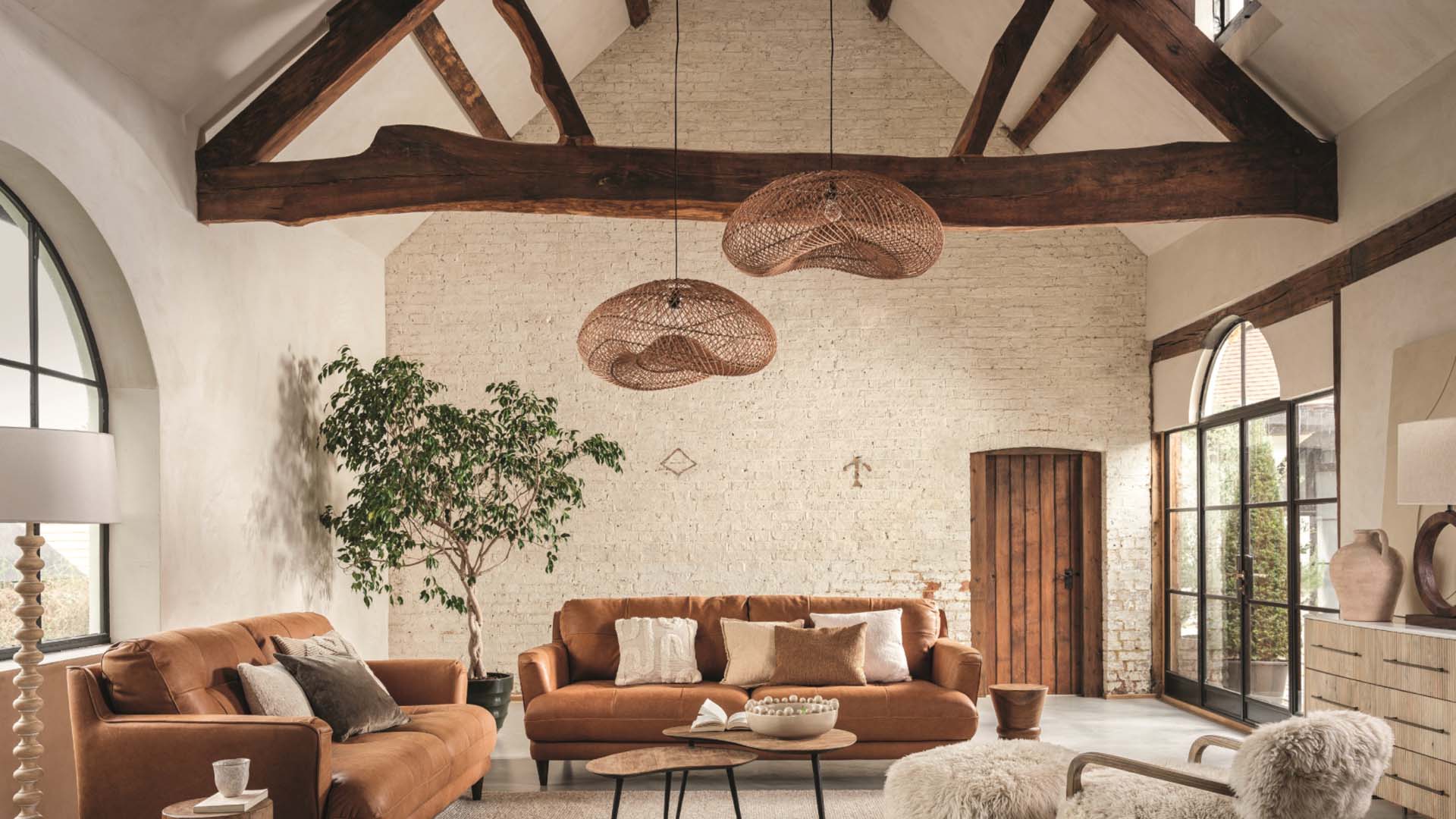 Living room with brown sofa and brown light shades