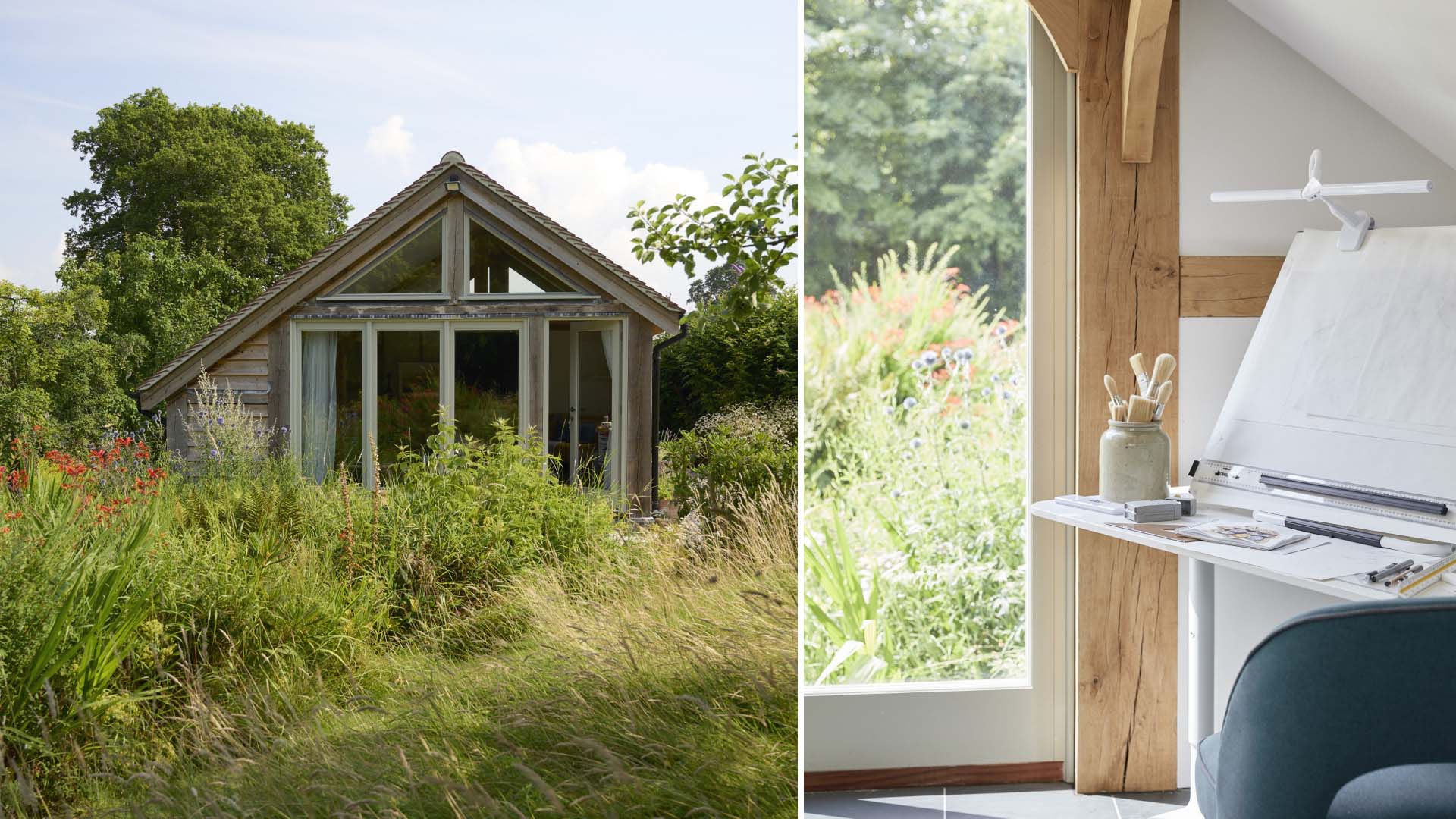 Side-by-side images of the exterior and interior of a shed being used for artistic purposes