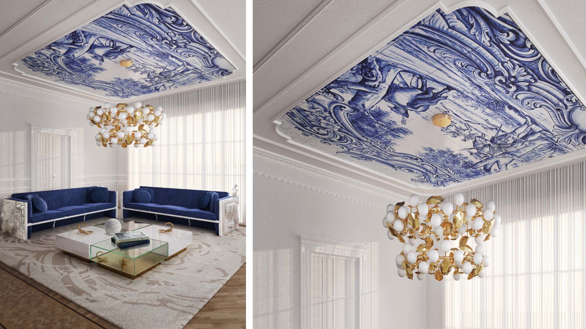 Blue and gold light shade in a white living room