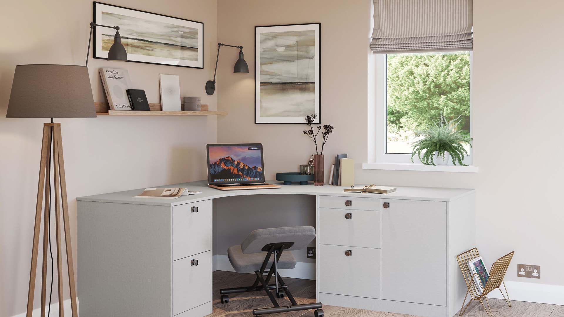 curved desk in a cream room