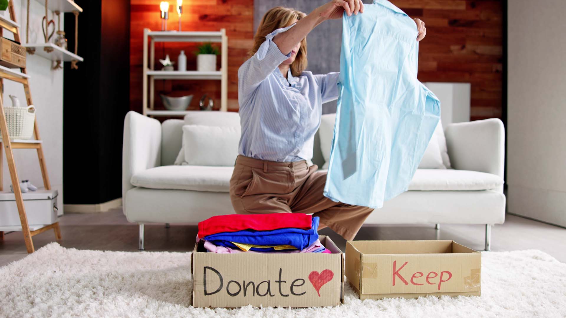 Packing clothes into boxes to move