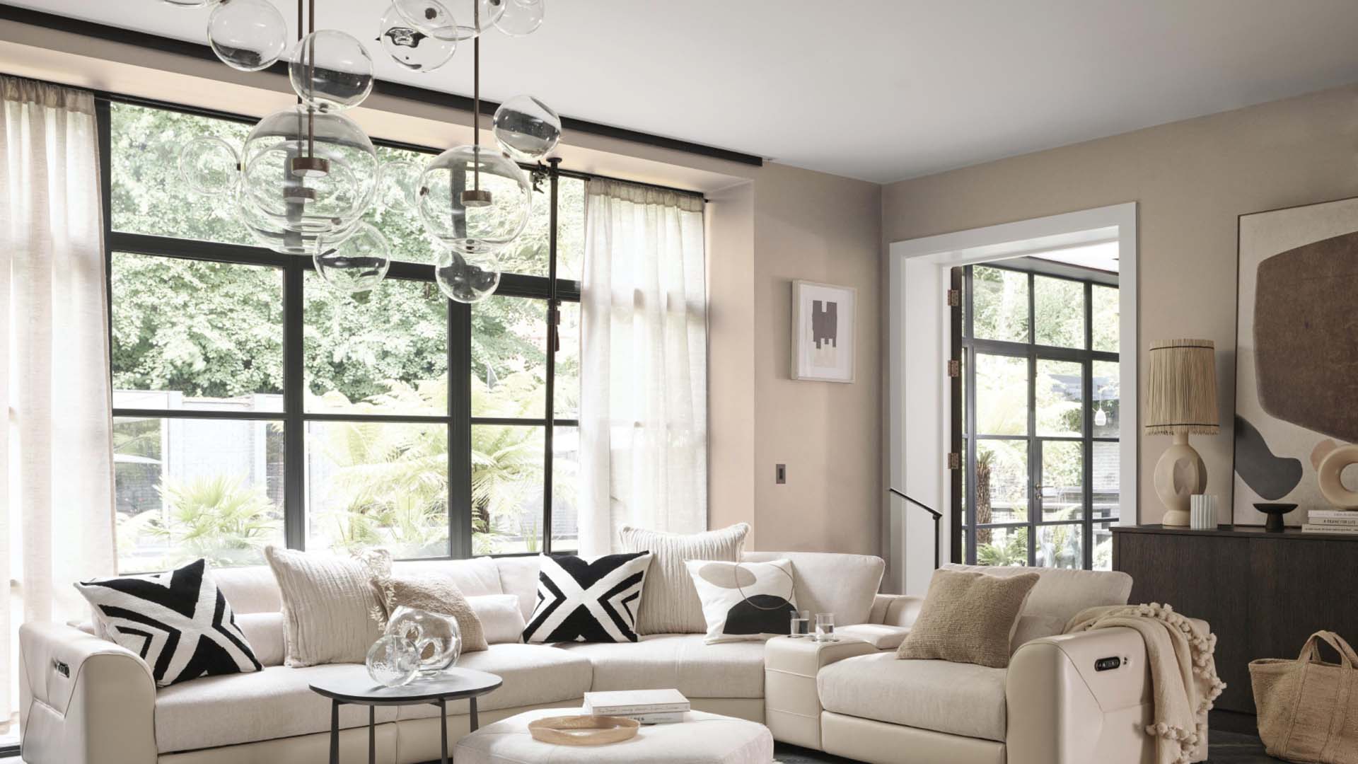 Large glass window with glad matching lightshade