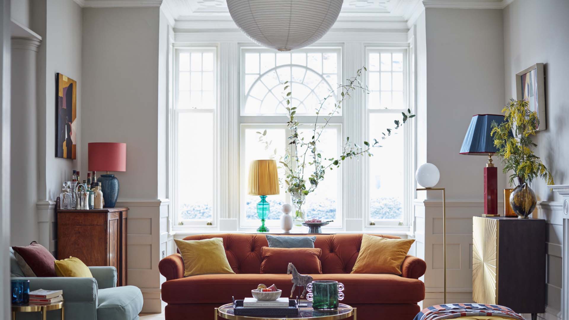 Large white window and paper light shade