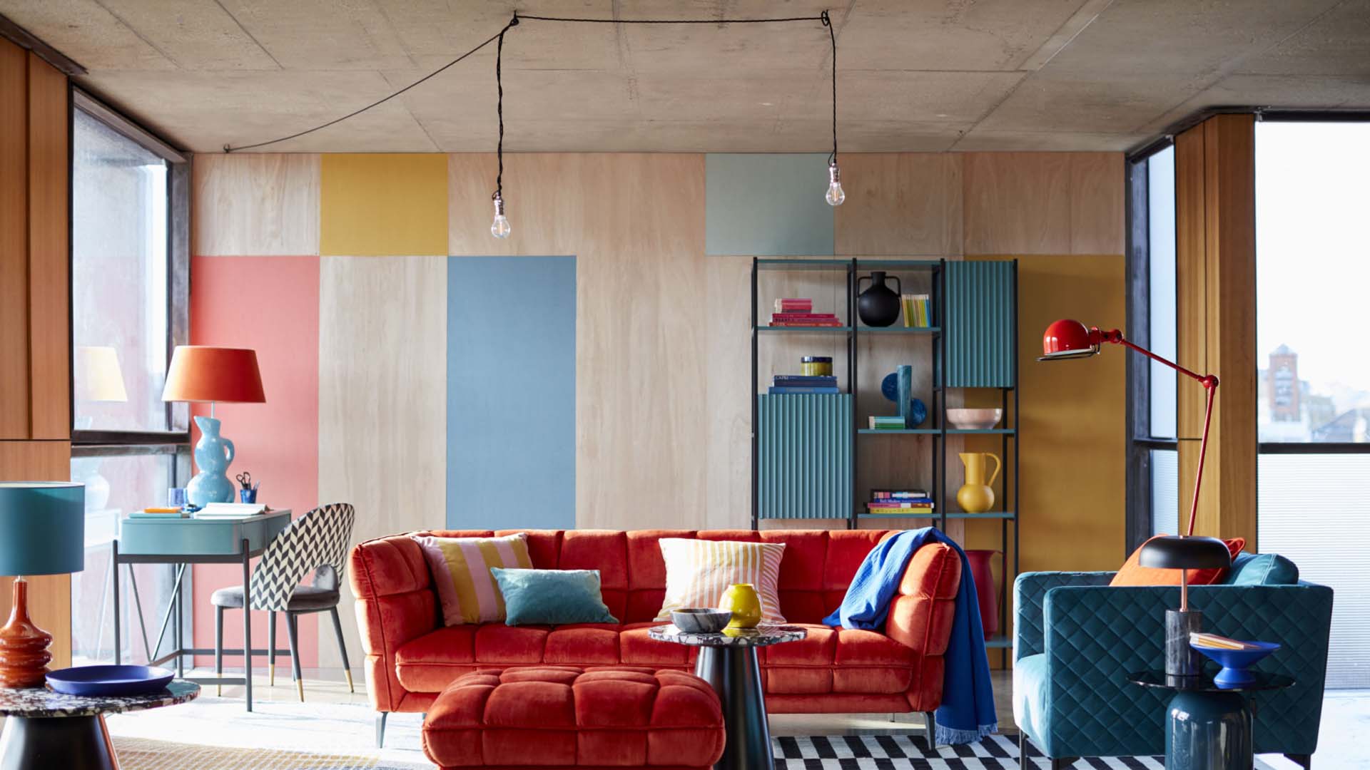 patterned wall and falling celling lights