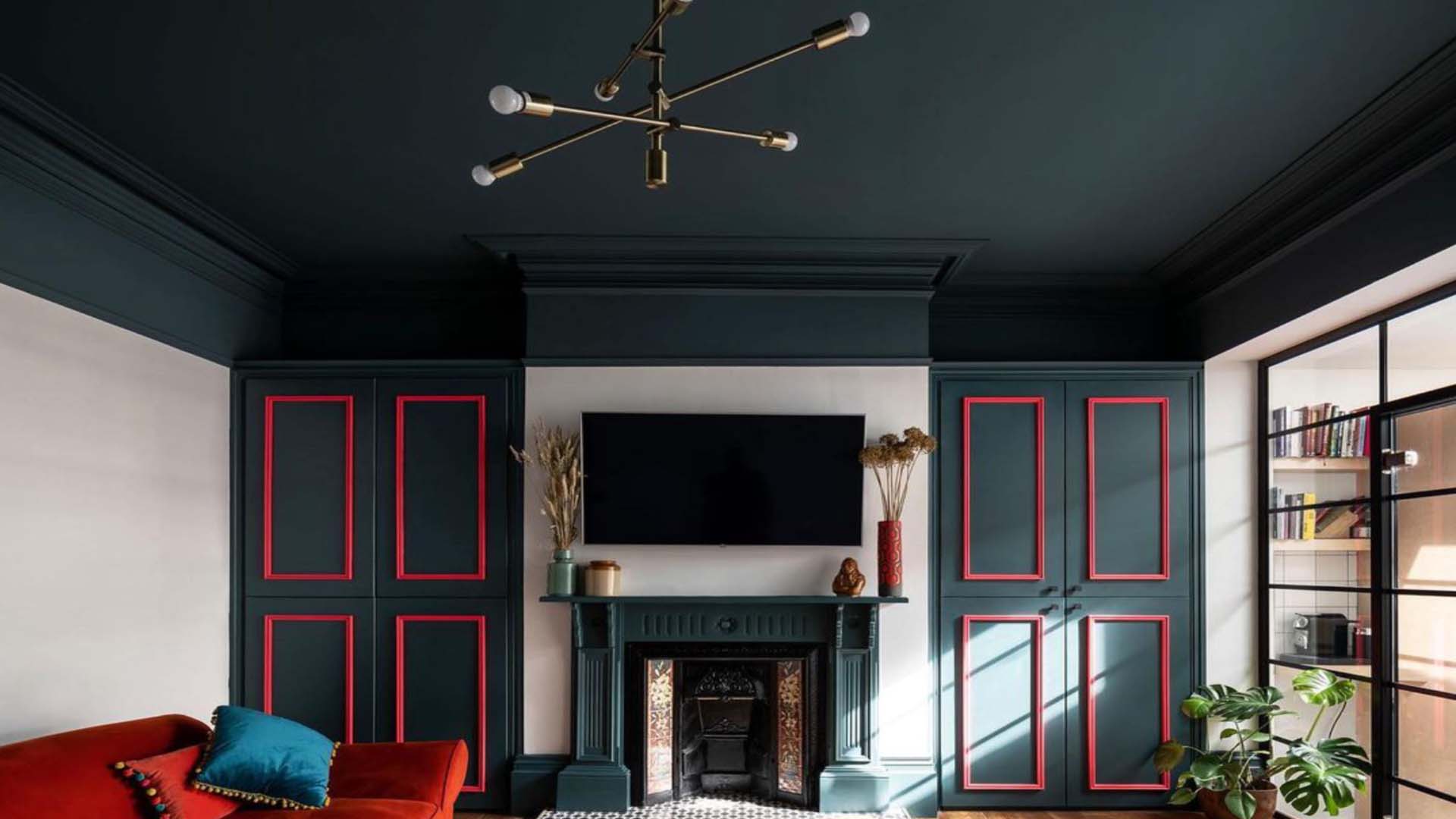 dark walls and hanging celling light 