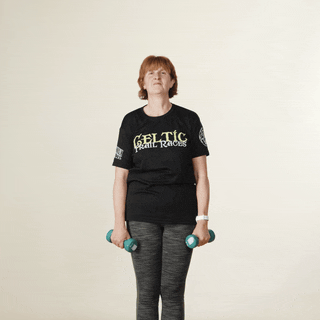 A woman in sports clothing demonstrating front and side raise exercises with hand weights