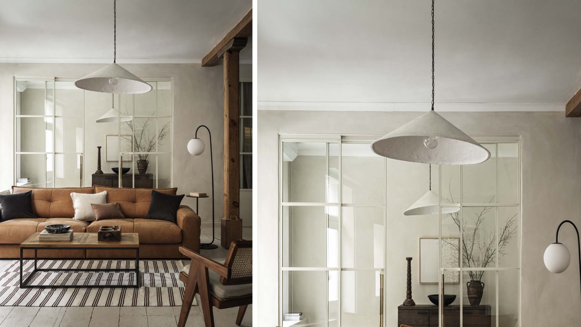 Living space with white walls and white celing light shade