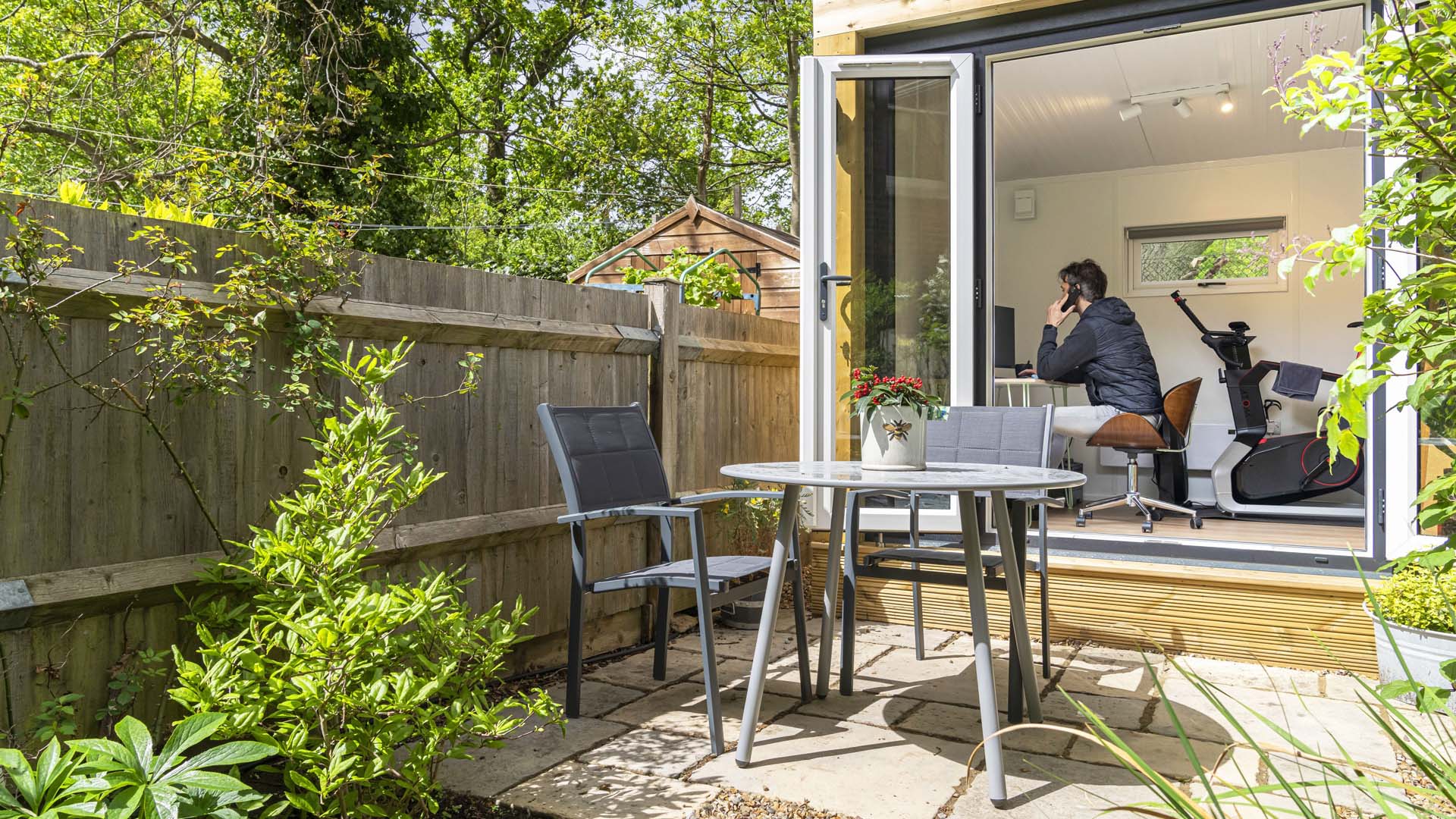 A garden room with large windows