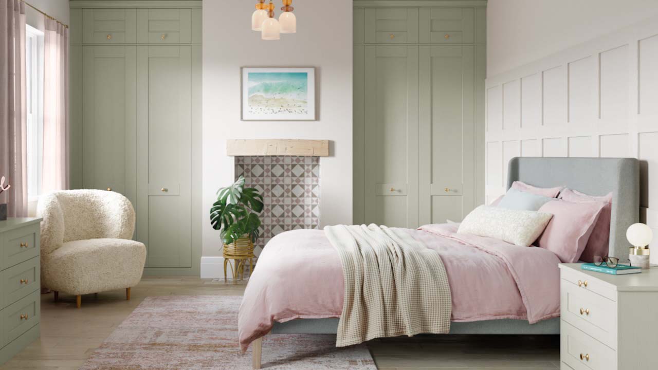 pink bed in a pale grey room