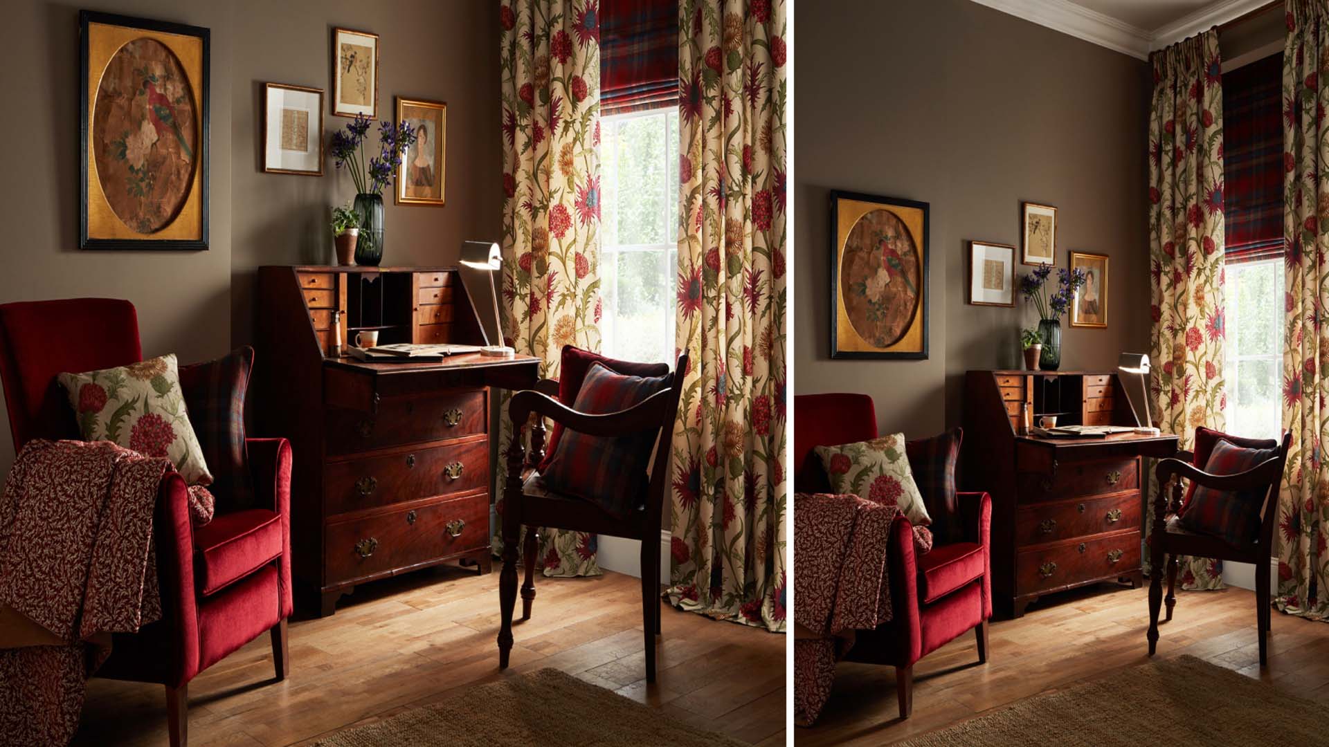 a spare room with desk and a dark colour palette