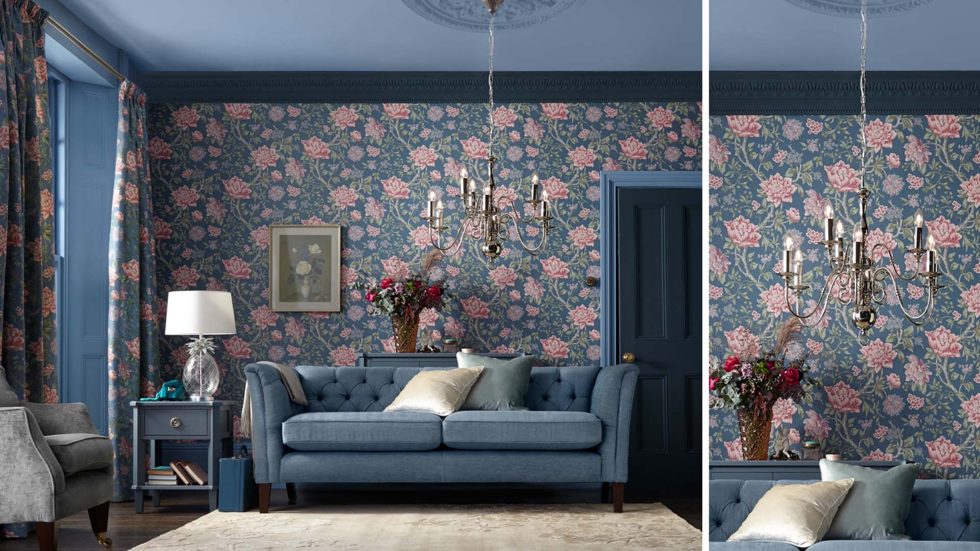 Blue and pink wallpaper with Laura Ashley Lighting and Mirrors